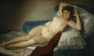 18/10/22 Fotomontaje de Jorge Salgado del cuadro 'La maja desnuda' de Francisco de Goya con un pecho  extirpado. Expuesto en el museo Thyssen, a 18 de octubre de 2022.