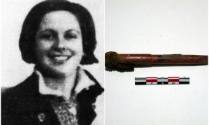 Composición de una imagen de Araceli Picornell  y la pluma con la que fue enterrada (imagen cedida por Aranzadi)