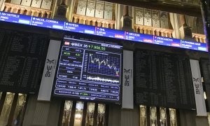 Vista de los paneles informativos de la Bolsa de Madrid. EFE/ Vega Alonso