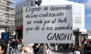 23/01/2022 Una persona sostiene una pancarta en una manifestación animalista celebrada en la madrileña Puerta del Sol
