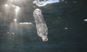 Imagen de una botella de plástico en el mar.