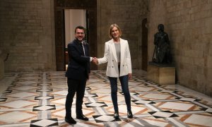 14/12/2022 - Pere Aragonès i la líder d'En Comú Podem, Jéssica Albiach, en la signatura de l'acord dels pressupostos del Govern per a l'any 2023.