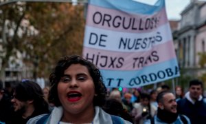 Varias personas marchan en una manifestación para exigir al PSOE "Ley Trans: derechos humanos, sin recortes, para todes", a 10 de diciembre de 2022, en Madrid.