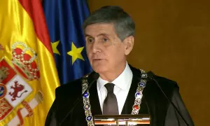 El presidente saliente del TC, Pedro González-Trevijano, durante su discurso en la toma de posesión de los cuatro nuevos magistrados este lunes