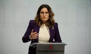 La consellera de la Presidència de la Generalitat, Laura Vilagrà, en una rueda de prensa para informar sobre el acuerdo presupuestario.