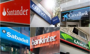 Los logos de los seis bancos del Ibex 35 (Santander, BBVA, Caixabank, Sabadell, Bankinter y Unicaja), en sus respectivas oficinas.