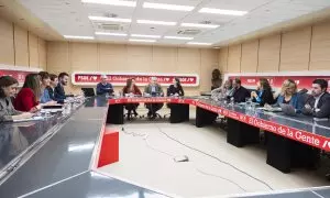 Reunión de los miembros del Comité Electoral en la sede socialista de la calle Ferraz.