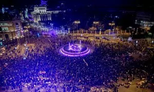 Panorámica de una manifestación por el 8M, Día Internacional de la Mujer, desde la plaza de Atocha hasta la de Colón de Madrid, a 8 de marzo de 2022.
