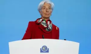 La presidenta del BCE, Christine Lagarde, en una rueda de prensa este jueves.
