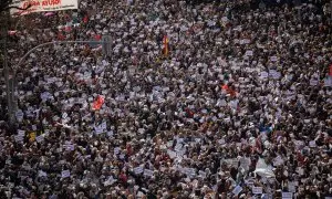 Miles de personas se manifiestan contra el desmantelamiento de la Sanidad Pública, en la protesta bajo el lema 'Madrid se levanta y exige una Sanidad pública', en la Plaza de Cibeles, a 12 de febrero de 2023, en Madrid (España).