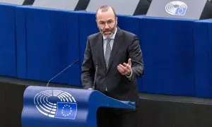 El líder del Partido Popular Europeo, Manfred Weber, en el pleno del Parlamento Europeo en Estrasburgo (Francia).