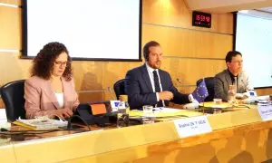 El president del comitè de l'Eurocambra sobre Pegasus, Jeroen Lenaers, i la ponent, Sophie In't Veld, en la roda de premsa de balanç de la missió a Espanya