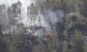 Varios bomberos trabajan en la extinción de uno de los focos del incendio forestal que afecta a las provincias de Castellón y Teruel.