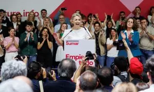 Yolanda Díaz interviene en la presentación de la plataforma Sumar, en el polideportivo Antonio Magariños, a 2 de abril de 2023, en Madrid.
