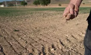 Un agricultor muestra la tierra seca, a 20 de abril de 2023, en Murcia, Región de Murcia.