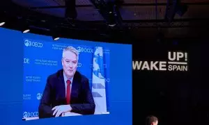 El secretario general de la OCDE, Mathias Cormann, realiza por videoconferencia una intervención sobre el mercado laboral en España.