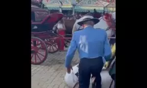 Captura del vídeo en el que dos hombres dan patadas a un caballo en la Feria de Abril, Sevilla.