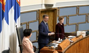 El líder del partido conservador finlandés Kokoomus, Petteri Orpo, en el Parlamento, a 12 de abril de 2023.