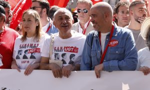 Los secretarios generales de UGT y CCOO, Pepe Álvarez y Unai Sordo, en la manifestación del 1 de mayo en Madrid.