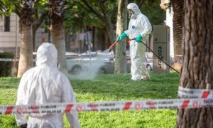 Operarios de una empresa de tratamientos antiplagas aplican biocidas contra las garrapatas en una zona verde de Zaragoza