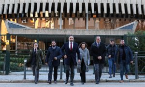 Representantes de Vox con Santiago Abascal a la cabeza antes de presentar un recurso de inconstitucionalidad en la sede del Tribunal Constitucional, a 19 de enero de 2023, en Madrid.