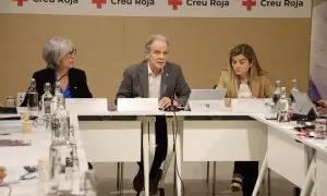 17/05/2023 - Responsables de la Creu Roja a Catalunya en la presentació del balanç anual de l'entitat, amb el seu president, Josep Quitet, al centre.