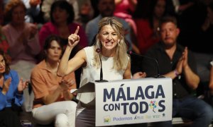 La vicepresidenta segunda del Gobierno y líder de Sumar, Yolanda Díaz, durante su intervención en un acto de campaña este lunes en el palacio de Congresos de Málaga