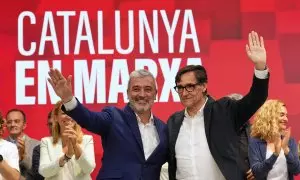 El candidato del PSC a la alcaldía de Barcelona, Jaume Collboni, y el primer secretario del partido, Salvador Illa, en la sede del partido, a 28 de mayo de 2023.