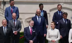 El presidente del Gobierno, Pedro Sánchez, entre los líderes europeos que acudieron a la segunda jornada de la Comunidad Política Europea, en Moldavia, a 1 de junio de 2023.