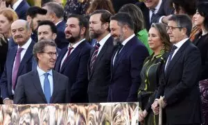 El líder del PP, Alberto Núñez Feijóo y el líder de Vox, Santiago Abascal, en Madrid, a 12 de octubre de 2023.