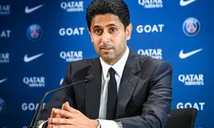 El presidente del PSG, Nasser, Al Kelaïfi, durante la rueda de prensa de presentación de Luis Enrique como nuevo entrenador del club.