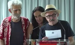 Juan Margallo, Puy Oria y Antonio Durán 'Morris', portavoces de OLA, en un acto contra la censura organizado por 'infoLibre'.