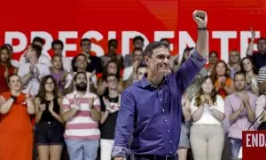 El presidente del Gobierno, Pedro Sánchez, durante el acto central de campaña del PSC celebrado este domingo 16 de julio de 2023 en el Palau de Congressos de Barcelona.