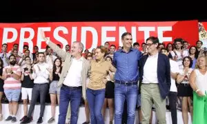 16/07/2023 - Pedro Sánchez amb Meritxell Batet, Jaume Collboni i Salvador Illa en l'acte central del PSC per a les eleccions del 23-J, celebrat el 16 de juliol a Barcelona.
