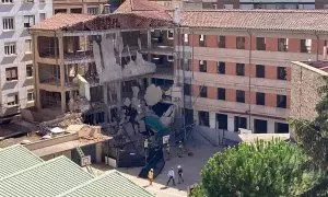 Restos de un derrumbamiento en las obras del colegio Adoratrices, a 25 de julio de 2023, en Logroño, La Rioja (España).