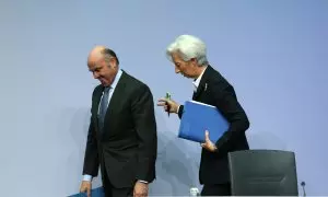 La presidenta y el vicepresidente del BCE, Christine Lagarde y Luis de Guindos, tras una comparecencia.