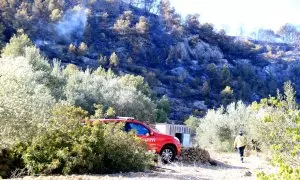 01/08/2023 - Un bomber a l'incendi del Perelló (Baix Ebre), en una imatge de dimarts.