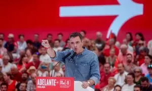 El presidente del Gobierno y candidato a la reelección por el PSOE, Pedro Sánchez, durante el acto de cierre de campaña del PSOE, en el polideportivo La Alhóndiga, 21 de julio de 2023, en Getafe, Madrid (España).