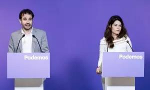 Los portavoces de Podemos Javier Sánchez Serna e Isa Serra ofrecen una rueda de prensa en la sede del partido, a 4 de septiembre de 2023, en Madrid (España).