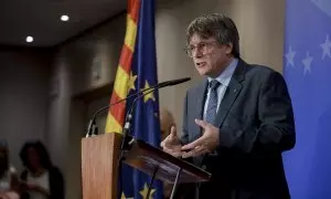 El eurodiputado de Jxcat Carles Puigdemont interviene en la conferencia inaugural de la jornada interparlamentaria de su formación en Bruselas este 5 de septiembre de 2023.
