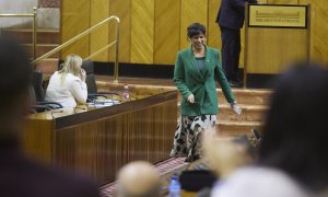 Teresa Rodríguez, tras su última intervención durante la segunda jornada del Pleno del Parlamento andaluz en el Parlamento de Andalucía