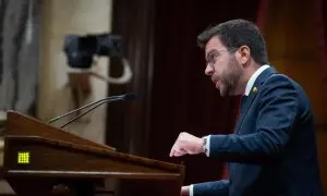 El presidente de la Generalitat de Catalunya, Pere Aragonès, interviene durante el debate de Política General de la legislatura, en el Parlament de Catalunya, a 26 de septiembre de 2023, en Barcelona.