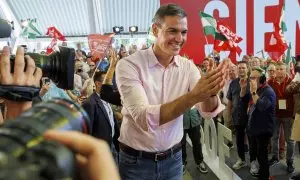 Pedro Sánchez, durante un mitin de partido en la localidad sevillana de La Rinconada, Sevilla, a 30/09/2023.