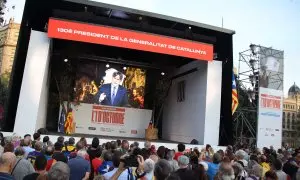 L'expresident de la Generalitat, Carles Puigdemont, durant la seva intervenció en la commemoració de l'1-O