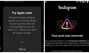 19/10/2023 - Capturas de Instagram informando de que la cuenta ha sido restringida y el post eliminado para "proteger a la comunidad".