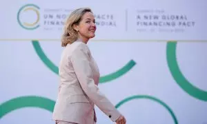 La ministra de Economía, Nadia Calviño, en la clausura de la Cumbre del Nuevo Pacto Financiero Global, del viernes 23 de junio de 2023 en París, Francia.