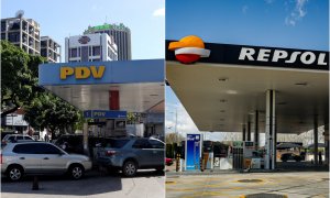 Imágenes de sendas estaciones de servicio de PDVSA, en Caracas, y de Repsol, en Madrid.
