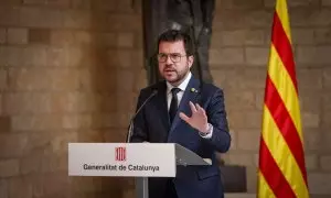 El president de la Generalitat, Pere Aragonès, en rueda de prensa después de la reunión con el presidente del Gobierno, Pedro Sánchez.