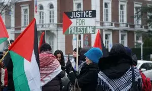 Vista de la protesta propalestina delante de la Corte Internacional de Justicia, durante la jornada reservada a los argumentos de Israel contra las acusaciones de Genocidio de Sudáfrica este viernes en La Haya, Países Bajos. El equipo legal israelí ante l
