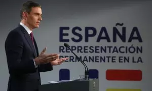 El presidente del Gobierno, Pedro Sánchez, en una rueda de prensa ofrecida este jueves en Bruselas tras el Consejo Europeo.